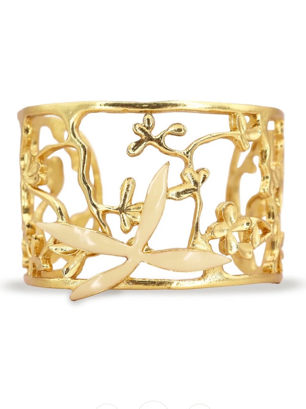 Gold Floral Cutout Cuff Bracelet with Cream Enamel Accent. Can be